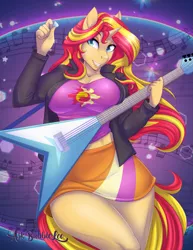 Size: 1545x2000 | Tagged: suggestive, artist:askbubblelee, derpibooru import, sunset shimmer, anthro, unicorn, bronycon 2018, equestria girls, big breasts, breasts, busty sunset shimmer, clothes, curvy, electric guitar, equestria girls outfit, female, grin, guitar, guitar pick, hips, hourglass figure, jacket, leather jacket, mare, miniskirt, moe, music notes, print, skirt, smiling, solo, solo female, sunset shredder, tanktop, thighs