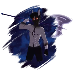 Size: 2832x2982 | Tagged: suggestive, artist:blackblood-queen, derpibooru import, oc, oc:damion bates, unofficial characters only, anthro, bat pony, abs, anthro oc, armpits, bat pony oc, clothes, glowing eyes, looking at you, male, missing wing, muscles, partial nudity, scar, simple background, slit eyes, solo, solo male, stallion, stars, topless, transparent background, weapon