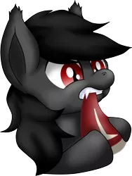 Size: 2123x2824 | Tagged: safe, artist:dratze, derpibooru import, oc, oc:qetesh, unofficial characters only, bat pony, pony, bat pony oc, digital art, eating, fangs, female, food, high res, mare, meat, simple background, steak, transparent background