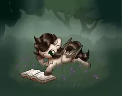 Size: 1024x806 | Tagged: safe, artist:s-locon, derpibooru import, oc, oc:pacific pine, unofficial characters only, pegasus, pony, book, cute, female, grass, mare, ocbetes, prone, reading, smiling, tree