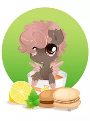 Size: 4348x5808 | Tagged: safe, artist:xsatanielx, derpibooru import, oc, unofficial characters only, pegasus, pony, absurd resolution, chibi, cup, cup of pony, cute, female, food, lemon, macaron, micro, ocbetes, ponies in food, rcf community, solo, tea