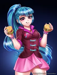 Size: 800x1042 | Tagged: safe, artist:racoonsan, derpibooru import, sonata dusk, human, equestria girls, bracelet, breasts, clothes, female, food, humanized, jewelry, nail polish, ponytail, skirt, smiling, solo, sonataco, spiked wristband, taco, that girl sure loves tacos, tongue out, wristband