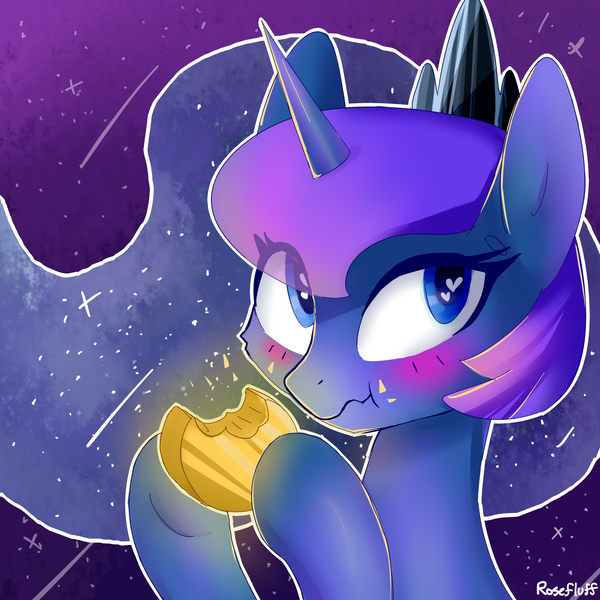 Size: 2000x2000 | Tagged: safe, artist:rosefluffdraws, derpibooru import, princess luna, alicorn, pony, blushing, cute, eating, female, food, heart eyes, lunabetes, mare, mid-autumn festival, mooncake, solo, wingding eyes