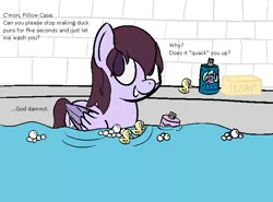 Size: 687x509 | Tagged: 4chan, artist:lux, bath, bathing, bathtub, colored, cute, derpibooru import, implied anon, oc, ocbetes, oc:pillow case, offscreen character, pegaduck, ponies in earth, pun, pure unfiltered evil, rubber duck, safe, shampoo, soap, solo, tile, unofficial characters only, vulgar