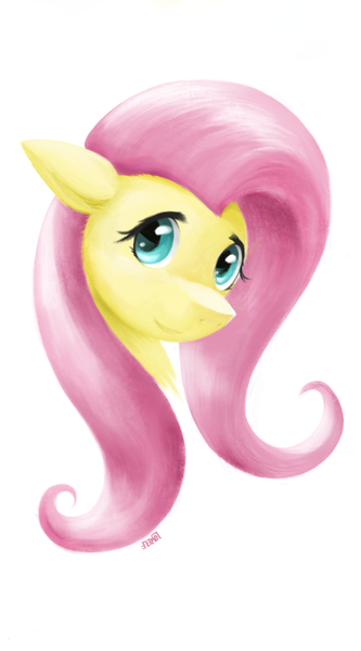 Size: 561x1010 | Tagged: safe, artist:lowelf, derpibooru import, fluttershy, pegasus, pony, bust, female, looking at you, mare, portrait, simple background, smiling, solo, three quarter view, white background