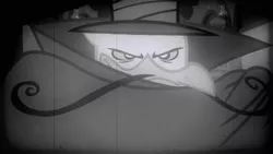 Size: 1280x720 | Tagged: safe, derpibooru import, screencap, gustave le grande, gryphon, mmmystery on the friendship express, season 2, cape, clothes, dastardly whiplash, film grain, grayscale, monochrome, solo