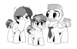 Size: 2587x1655 | Tagged: safe, artist:shinodage, derpibooru import, oc, oc:apogee, oc:delta vee, oc:jet stream, unofficial characters only, pegasus, pony, annoyed, cute, female, filly, folded wings, freckles, halftone, happy, male, manga, mare, necktie, ocbetes, smiling, stallion, style emulation, tongue out, worried