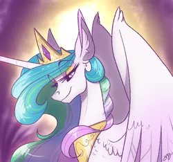 Size: 1000x936 | Tagged: safe, artist:probablyfakeblonde, derpibooru import, princess celestia, alicorn, pony, crown, female, horn, jewelry, mare, regalia, smiling, solo, spread wings, wings