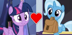 Size: 1206x600 | Tagged: alicorn, derpibooru import, disguise, disguised changeling, edit, edited screencap, female, heart, lesbian, saddle bag, safe, screencap, shipping, shipping domino, to saddlebags and back again, to where and back again, trixie, twilight sparkle, twilight sparkle (alicorn), twixie