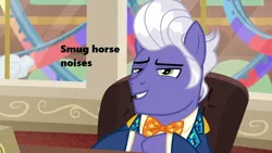 Size: 1280x720 | Tagged: chair, derpibooru import, descriptive noise, edit, edited screencap, gladmane, horse noises, hotel, necktie, office, punchable, roller coaster, safe, screencap, season 6, smug, smug son of a bitch, solo, text, viva las pegasus, window