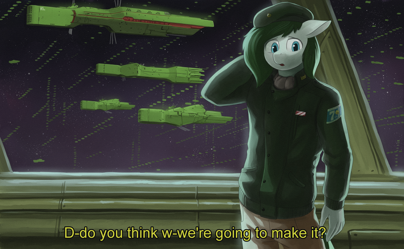 Size: 4639x2856 | Tagged: anime, anthro, artist:the-minuscule-task, commission, derpibooru import, legend of the galactic heroes, oc, oc:trivial pursuit, parody, safe, solo, space, spaceship, subtitles, uniform