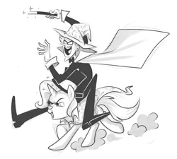 Size: 754x679 | Tagged: safe, artist:katedragonass, derpibooru import, trixie, human, unicorn, cape, clothes, crossover, duo, female, hat, male, mare, monochrome, mumbo jumbo, simple background, teen titans, trixie's cape, trixie's hat, wand, white background