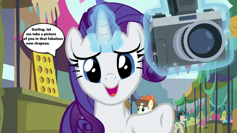 Size: 1280x720 | Tagged: safe, derpibooru import, edit, edited screencap, screencap, lucky breaks, neigh sayer, pegasus olsen, peggy holstein, rarity, earth pony, pony, unicorn, season 6, the gift of the maud pie, barrels, booth, bronybait, camera, cute, darling, fabulous, female, flea market, glowing horn, gratuitous french, hat, horn, levitation, looking at you, magic, magic aura, manehattan, mare, market, raribetes, solo focus, speech bubble, telekinesis, text