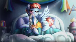 Size: 3840x2160 | Tagged: suggestive, artist:wildetrashbag, derpibooru import, windy whistles, pegasus, pony, bed, bedroom eyes, digital art, ear fluff, female, lamp, looking at you, mare, milf, smiling, solo