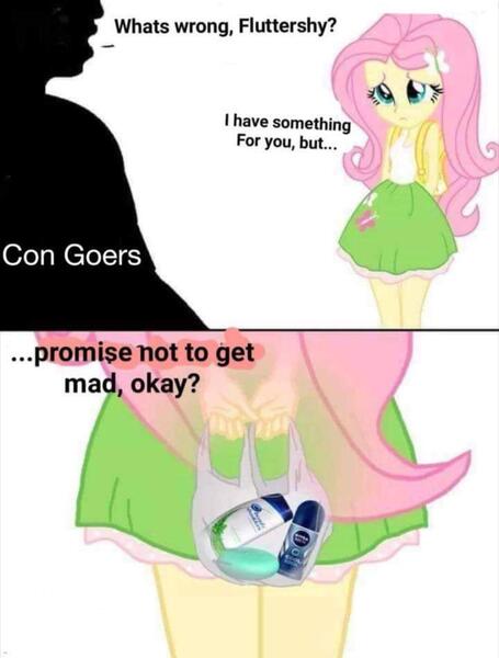 Size: 1242x1638 | Tagged: safe, derpibooru import, fluttershy, equestria girls, bag, comic, convention, deodorant, needs more jpeg, shampoo, soap