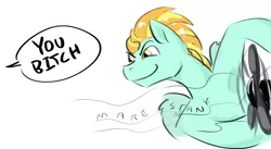 Size: 1473x808 | Tagged: safe, artist:testostepone, derpibooru import, lightning dust, pegasus, pony, armpits, bitch, cooties, dialogue, fan, female, mare, offscreen character, simple background, smiling, smirk, solo focus, stank, swearing, vulgar, white background
