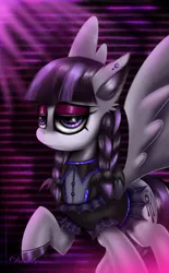 Size: 2600x4200 | Tagged: safe, artist:darksly, derpibooru import, inky rose, pegasus, pony, honest apple, clothes, commission, eyeshadow, female, goth, lidded eyes, makeup, mare, solo