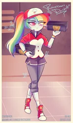 Size: 1028x1726 | Tagged: safe, artist:cinyanmon, derpibooru import, rainbow dash, eqg summertime shorts, equestria girls, good vibes, baseball cap, cap, clothes, converse, female, hat, shoebox, shoes, shorts, smiling, sneakers, socks, solo, watermark, wristband