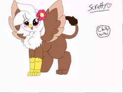 Size: 512x387 | Tagged: safe, artist:chillywilly, derpibooru import, oc, oc:scruffy, unofficial characters only, gryphon, :p, blushing, chest fluff, flower, griffon oc, silly, simple background, solo, tongue out, white background