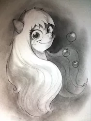 Size: 600x800 | Tagged: safe, artist:murphylaw4me, derpibooru import, applejack, earth pony, pony, apple, bust, female, food, jappleack, looking at you, mare, monochrome, portrait, smiling, solo, traditional art
