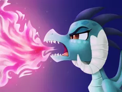 Size: 1024x768 | Tagged: artist:spindlespice, derpibooru import, dragon, dragoness, female, fire, fire breath, gradient background, open mouth, pink fire, princess ember, safe, solo