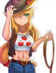 Size: 800x1040 | Tagged: abs, applejack, artist:tzc, belly button, cutie mark clothing, derpibooru import, female, freckles, human, humanized, lasso, looking at you, midriff, rope, safe, simple background, smiling, solo, white background