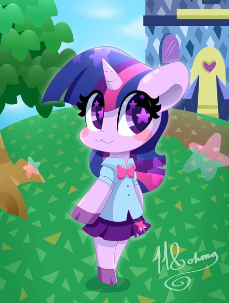 Size: 3092x4096 | Tagged: safe, artist:hungrysohma, derpibooru import, twilight sparkle, twilight sparkle (alicorn), alicorn, pony, semi-anthro, :3, animal crossing, arm hooves, bipedal, blush sticker, blushing, chibi, clothes, cloven hooves, crossover, cute, equestria girls outfit, grass, nintendo, pleated skirt, skirt, smiling, solo, starry eyes, tree, twiabetes, wingding eyes