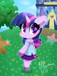 Size: 3092x4096 | Tagged: safe, artist:hungrysohma, derpibooru import, twilight sparkle, twilight sparkle (alicorn), alicorn, pony, semi-anthro, :3, animal crossing, arm hooves, bipedal, blush sticker, blushing, chibi, clothes, cloven hooves, crossover, cute, equestria girls outfit, grass, nintendo, pleated skirt, skirt, smiling, solo, starry eyes, tree, twiabetes, wingding eyes