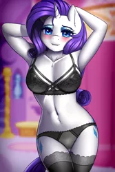Size: 2000x3000 | Tagged: suggestive, alternate version, artist:twistedscarlett60, derpibooru import, rarity, anthro, unicorn, arm behind head, armpits, beautiful, beautisexy, belly, belly button, black underwear, blushing, both cutie marks, bra, breasts, busty rarity, carousel boutique, clothes, curvy, digital art, female, frilly underwear, front knot midriff, indoors, laces, lidded eyes, lingerarity, lingerie, lip bite, looking at you, makeup, mare, midriff, panties, seductive, see-through, sexy, socks, solo, stockings, sultry, sultry pose, thigh highs, underwear, unf