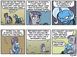 Size: 750x557 | Tagged: safe, artist:foudubulbe, derpibooru import, maud pie, trixie, earth pony, pony, unicorn, comic:damp rocks, comic, crying, female, hug, lesbian, mare, mauxie, muscles, shipping, speech bubble