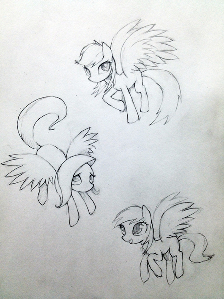 Size: 600x800 | Tagged: safe, artist:murphylaw4me, derpibooru import, derpy hooves, fluttershy, rainbow dash, pegasus, pony, female, mare, monochrome, sketch, traditional art