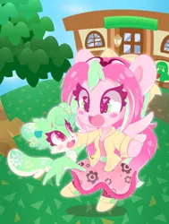 Size: 3092x4096 | Tagged: safe, artist:hungrysohma, derpibooru import, oc, oc:gadget, oc:precious metal, unofficial characters only, pegasus, pony, animal crossing, bipedal, clothes, commission, cute, duo, female, heart eyes, mare, smiling, wingding eyes