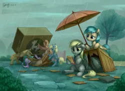 Size: 2797x2040 | Tagged: safe, artist:luciferamon, derpibooru import, crafty crate, derpy hooves, spike, sunshower raindrops, twilight sparkle, dragon, pegasus, pony, unicorn, feeling pinkie keen, abuse, background pony, female, i just don't know what went wrong, male, mare, oops my bad, rain, sad, scene interpretation, sitting, stallion, this will end in hospitalization, twilybuse, umbrella