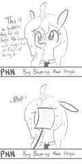 Size: 1650x3300 | Tagged: safe, artist:tjpones, derpibooru import, queen chrysalis, changeling, changeling queen, bap, bust, clothes, comic, dialogue, female, flyswatter, grayscale, monochrome, necktie, onomatopoeia, simple background, solo, this will end in jail time, white background