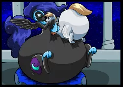 Size: 1062x756 | Tagged: artist:virus-20, bottom heavy, derpibooru import, fat, fat fetish, fetish, hug, hyper butt, inflation, nightmare moon, nightmare moonpig, oc, suggestive, throne