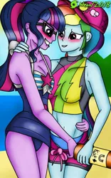 Size: 720x1152 | Tagged: suggestive, artist:9987neondraws, derpibooru import, rainbow dash, sci-twi, twilight sparkle, equestria girls, equestria girls series, breasts, clothes, female, glasses, lesbian, lip bite, one-piece swimsuit, panties, scitwidash, shipping, shorts, swimsuit, twidash, underwear