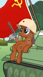 Size: 1500x2668 | Tagged: safe, artist:pizzamovies, derpibooru import, pony, the cutie map, background pony, blank stare, communism, equal cutie mark, female, flag, gun, hammer and sickle, helmet, mare, ppsh-41, riding, sitting, solo, soviet, t-34/85, tank (vehicle), war, weapon, world war ii