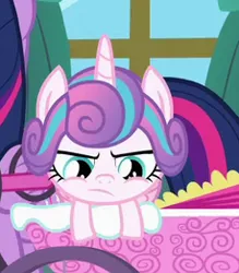 Size: 229x262 | Tagged: safe, derpibooru import, screencap, princess flurry heart, twilight sparkle, twilight sparkle (alicorn), alicorn, pony, a flurry of emotions, season 7, baby, baby carriage, baby pony, bored, cropped, female, flurry heart is not amused, irritated, offscreen character, unamused