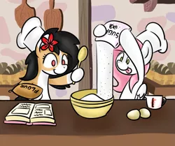 Size: 1119x935 | Tagged: safe, artist:euspuche, artist:sugar morning, derpibooru import, oc, oc:liliya krasnyy, oc:sugar morning, unofficial characters only, earth pony, pegasus, pony, baker, bakery, book, bread, collaboration, egg, female, flour, flower, flower in hair, food, sugar (food), tongue out