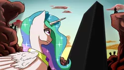 Size: 1280x720 | Tagged: safe, artist:3lorenzo3, derpibooru import, princess celestia, alicorn, pony, my little brony risovach, 2001: a space odyssey, crown, female, jewelry, looking up, mare, monolith, movie reference, regalia, silhouette