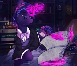 Size: 4200x3600 | Tagged: safe, artist:skylacuna, derpibooru import, oc, oc:dawn, pony, unicorn, book, candle, commission, fire, glowing horn, handsome, levitation, library, magic, male, professor, prone, shelf, solo, telekinesis