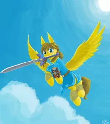 Size: 1324x1500 | Tagged: safe, artist:sunnytp, derpibooru import, ponified, pegasus, pony, clothes, flying, link, master sword, mouth hold, ponies of the wild, solo, sword, the legend of zelda, the legend of zelda: breath of the wild, tunic, weapon