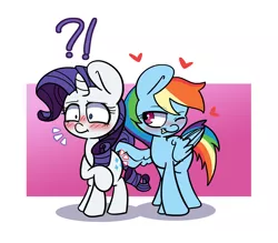 Size: 1518x1327 | Tagged: safe, artist:lou, derpibooru import, rainbow dash, rarity, pegasus, pony, unicorn, abstract background, blushing, butt touch, exclamation point, feathermarking, female, flirting, grin, heart, interrobang, lesbian, mare, one eye closed, question mark, raridash, shipping, smiling, tchernobog isn't involved for once, wings, wink