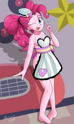 Size: 2400x4000 | Tagged: suggestive, alternate version, artist:horsecat, derpibooru import, pinkie pie, coinky-dink world, eqg summertime shorts, equestria girls, adorasexy, apron, barefoot, breasts, casual nudity, cleavage, clothes, cute, feet, female, naked apron, nudity, peace sign, server pinkie pie, sexy, solo, solo female, tongue out