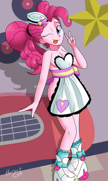 Size: 2400x4000 | Tagged: suggestive, alternate version, artist:horsecat, derpibooru import, pinkie pie, coinky-dink world, eqg summertime shorts, equestria girls, adorasexy, apron, breasts, casual nudity, clothes, cute, female, naked apron, nudity, peace sign, server pinkie pie, sexy, shoes only, solo, solo female