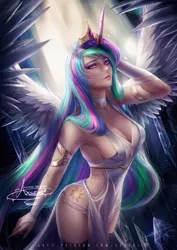 Size: 848x1200 | Tagged: alicorn, alicorn humanization, arm behind head, armpits, artist:axsens, beautiful, breasts, cutie mark on human, derpibooru import, digital art, female, horned humanization, human, humanized, looking at you, princess celestia, sexy, signature, solo, spread wings, stupid sexy celestia, suggestive, winged humanization, wings