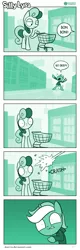 Size: 726x2272 | Tagged: safe, artist:dori-to, derpibooru import, bon bon, lyra heartstrings, sweetie drops, earth pony, pony, unicorn, comic:silly lyra, clothes, comic, fail, female, green background, greenscale, hoodie, mare, monochrome, shopping cart, silly lyra, simple background, supermarket, throwing
