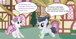 Size: 2260x1176 | Tagged: safe, artist:jawsandgumballfan24, derpibooru import, rumble, sweetie belle, pegasus, pony, unicorn, colt, cute, cutie mark, diamond ring, engagement ring, female, filly, foal, happy, male, marriage proposal, rumbelle, shipping, smiling, straight, surprised, this will end in marriage, wings