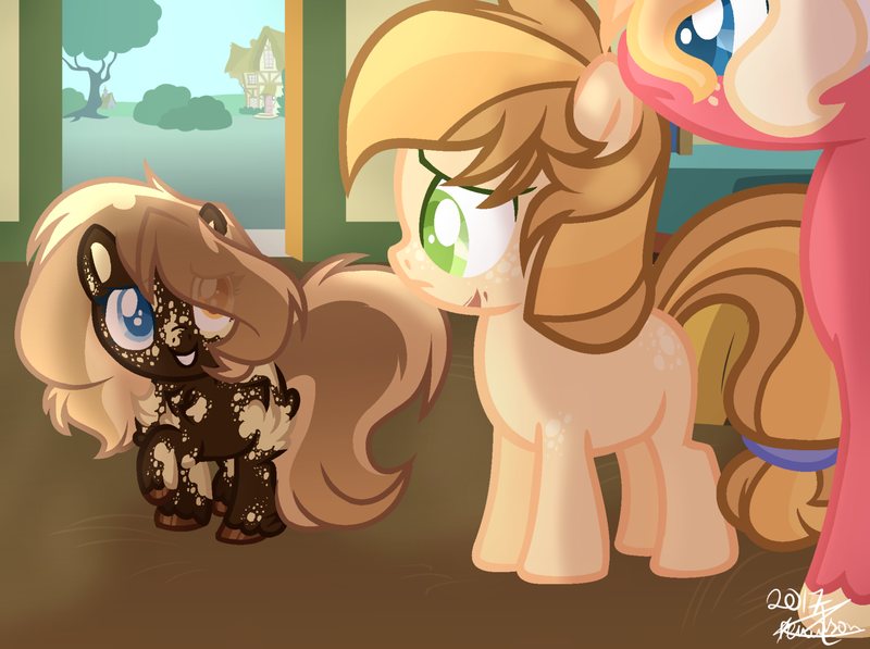 Size: 1600x1194 | Tagged: safe, artist:owl-clockwork, derpibooru import, oc, oc:apple spice, oc:sun rise, oc:time keeper, unofficial characters only, earth pony, pony, base used, blank flank, coat markings, colt, eye clipping through hair, female, filly, fluffy, freckles, hair over one eye, heterochromia, male, next generation, offspring, parent:applejack, parent:big macintosh, parent:caramel, parent:derpy hooves, parent:doctor whooves, parent:fluttershy, parents:carajack, parents:doctorderpy, parents:fluttermac, school, unshorn fetlocks