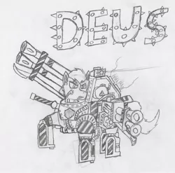 Size: 2320x2288 | Tagged: artist:infinita est lux solis, autocannon, derpibooru import, fallout equestria, iron warriors, oc, oc:deus, part of a set, perturabo, safe, traditional art, warhammer 40k, warhammer (game)